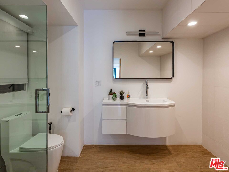 Bathroom, Glass Shower, Interior, Recessed Lighting, Wood Texture Flooring