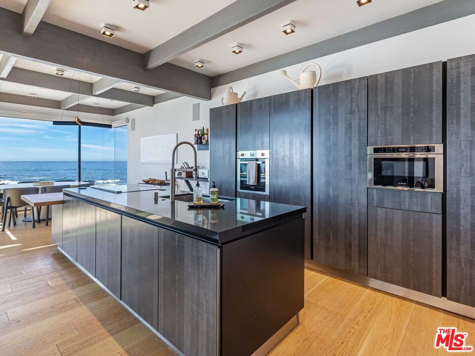 Interior, Kitchen, Recessed Lighting, Stainless Steel Appliances, Water, Wood Texture Flooring