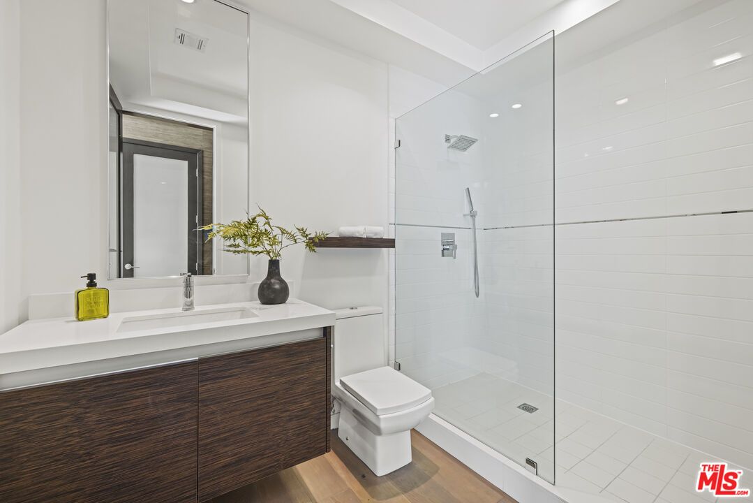 Bathroom, Glass Shower, Interior, Recessed Lighting, Wood Texture Flooring