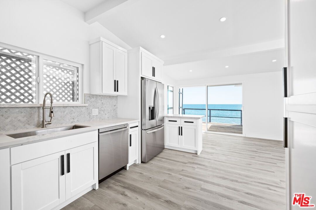 Interior, Kitchen, Recessed Lighting, Stainless Steel Appliances, Water, Wood Texture Flooring