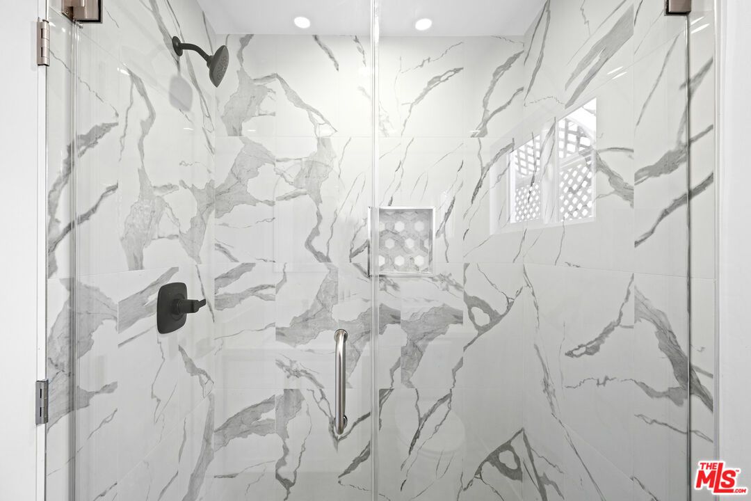 Bathroom, Glass Shower, Interior, Marble Walls, Recessed Lighting