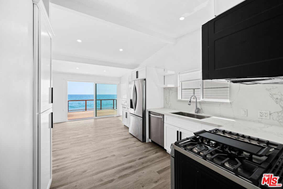 Interior, Kitchen, Marble Walls, Recessed Lighting, Stainless Steel Appliances, Water, Wood Texture Flooring