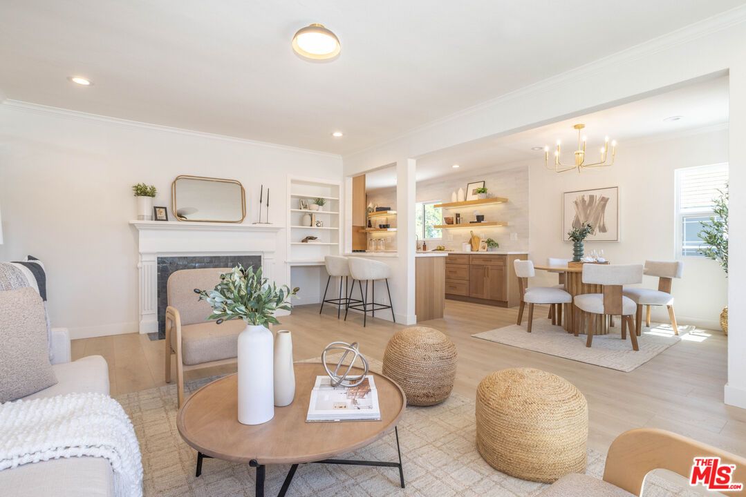 Chandelier, Dining room, Fireplace, Interior, Living room, Recessed Lighting, Wood Texture Flooring