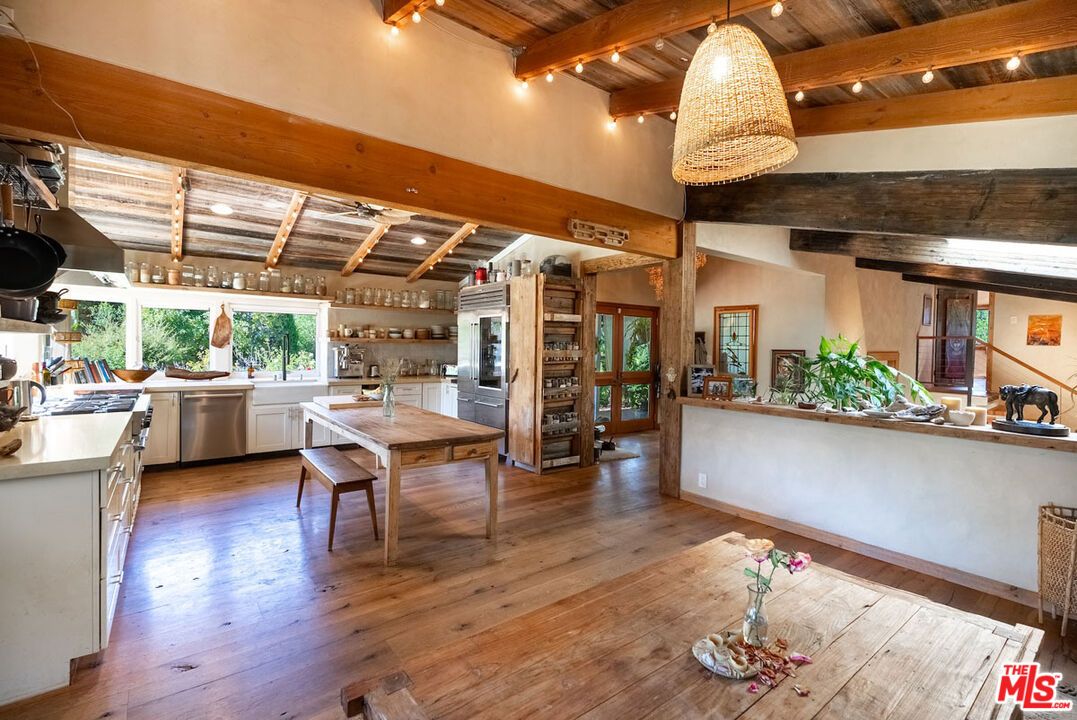 Interior, Kitchen, Pendant Lights, Recessed Lighting, Stainless Steel Appliances, Wooden Beams, Wooden Ceilings, Wood Texture Flooring