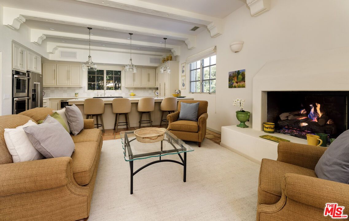 Fireplace, Interior, Kitchen, Living room, Pendant Lights, Recessed Lighting, Stainless Steel Appliances
