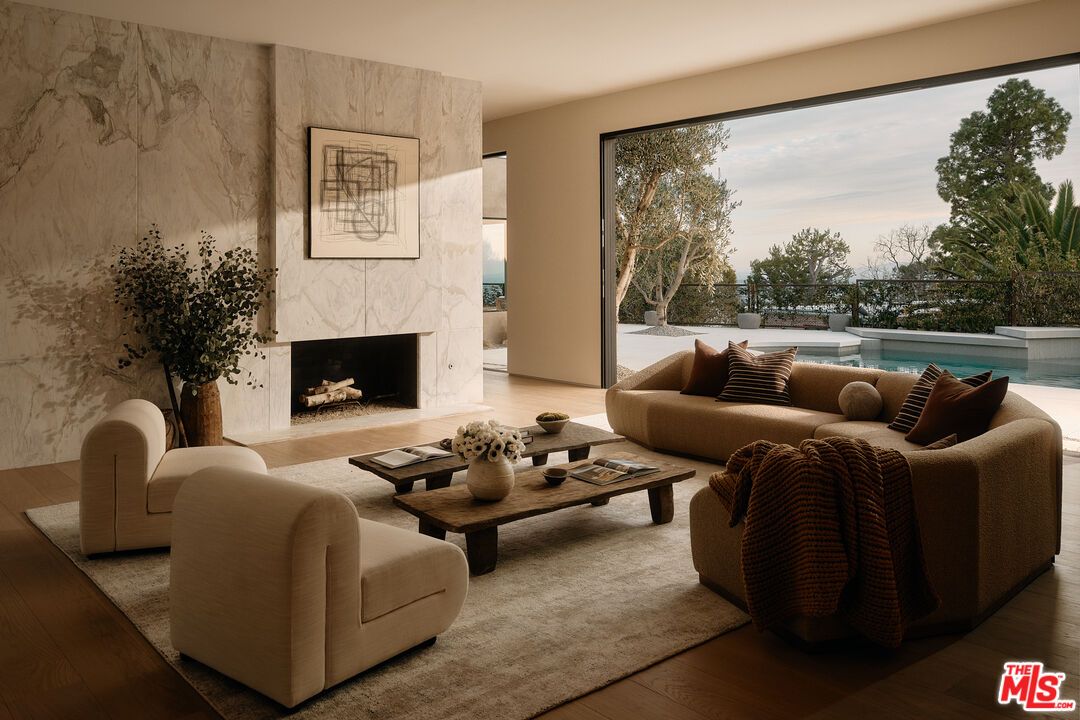 Fireplace, Interior, Living room, Marble Walls, Wood Texture Flooring