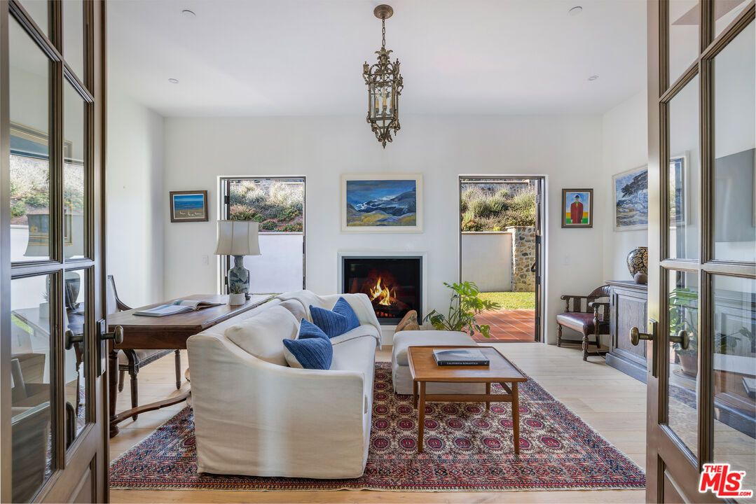 Chandelier, Fireplace, Home Office, Interior, Living room, Pendant Lights, Wood Texture Flooring