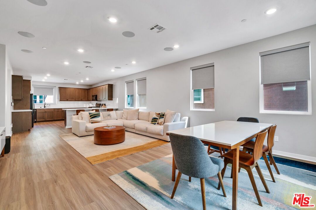 Dining room, Interior, Kitchen, Living room, Recessed Lighting, Wood Texture Flooring