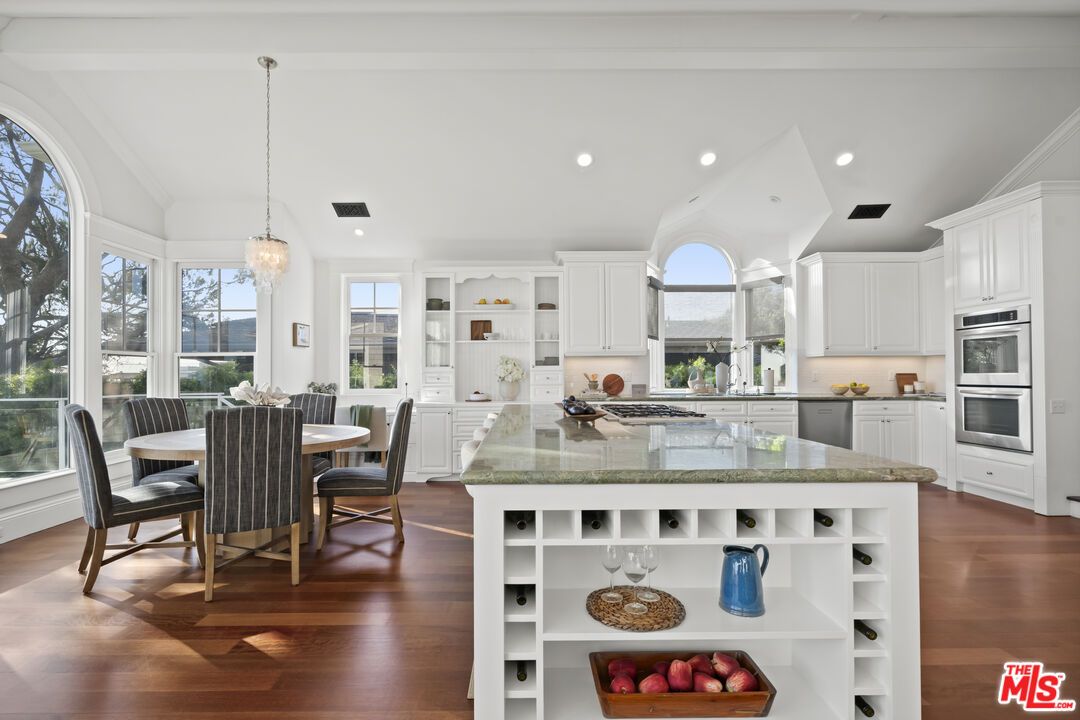 Dining room, Interior, Kitchen, Pendant Lights, Recessed Lighting, Stainless Steel Appliances, Wood Texture Flooring