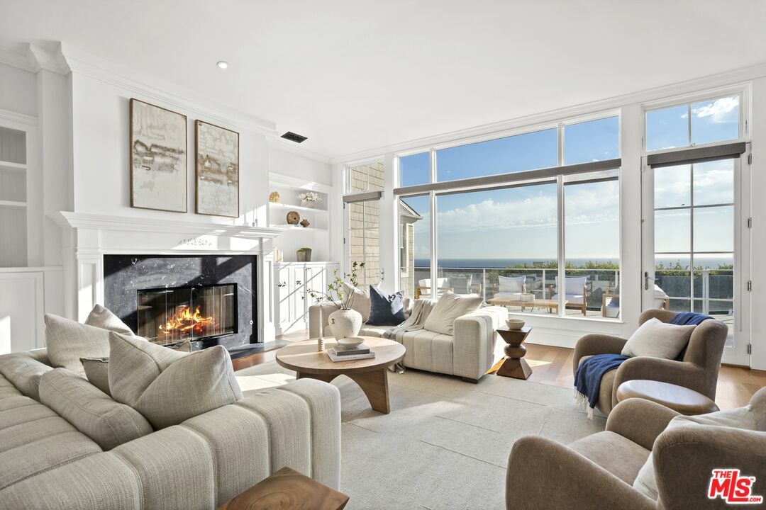 Fireplace, Interior, Living room, Recessed Lighting, Water, Wood Texture Flooring