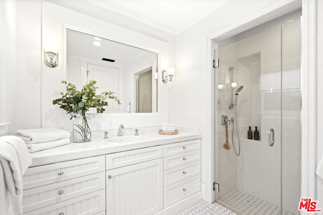 Bathroom, Dual Sink Vanities, Glass Shower, Interior, Recessed Lighting, Tile Countertops