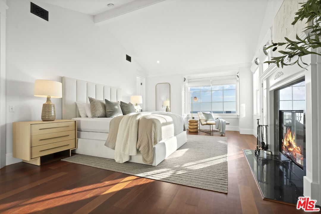 Bedroom, Fireplace, Interior, Recessed Lighting, Water, Wood Texture Flooring