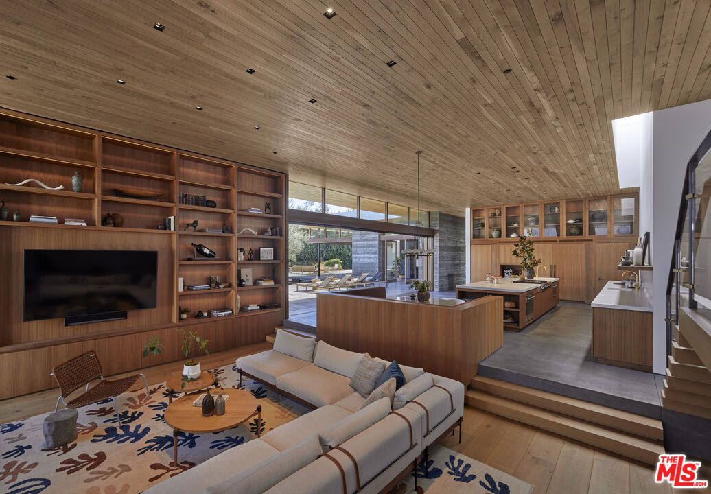 Interior, Living room, Pendant Lights, Recessed Lighting, Wooden Ceilings, Wood Texture Flooring, Wooden Walls
