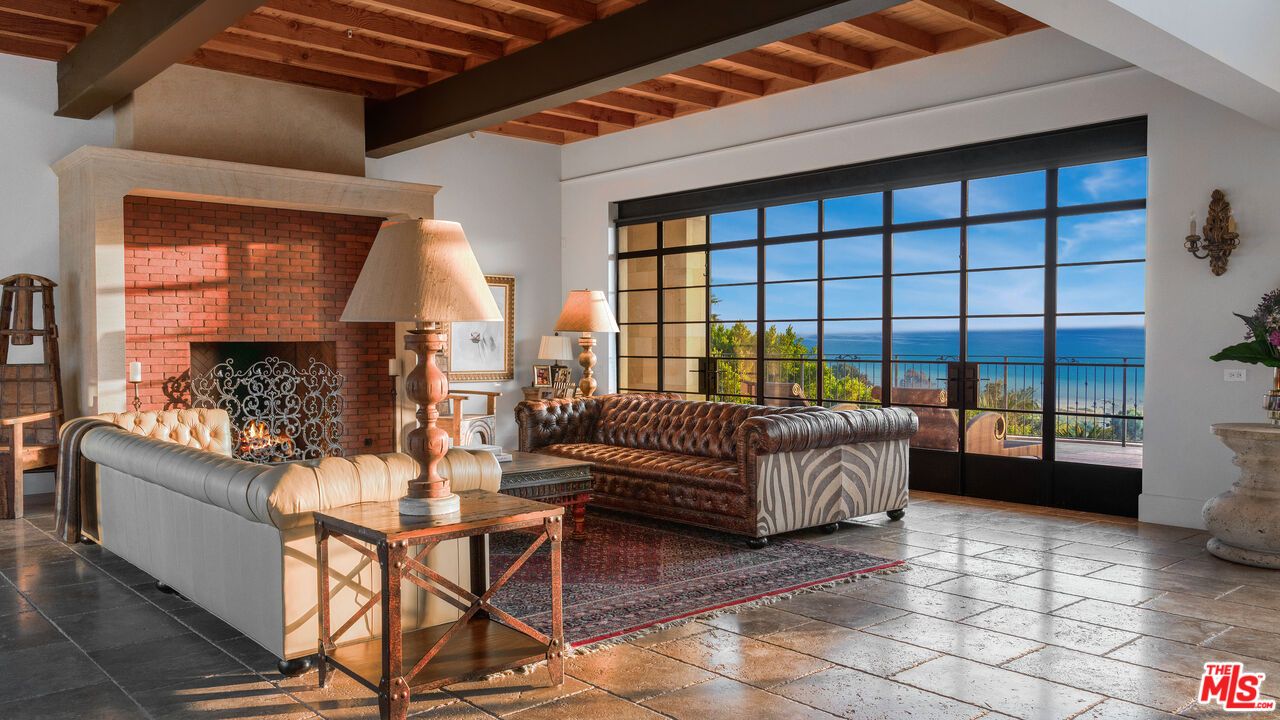 Fireplace, Interior, Living room, Stone Walls, Water, Wooden Beams