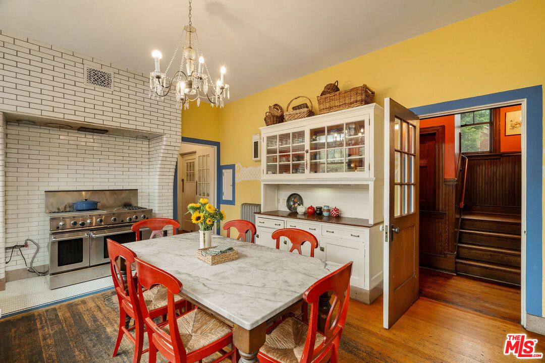 Chandelier, Dining room, Interior, Stone Walls, Wood Texture Flooring