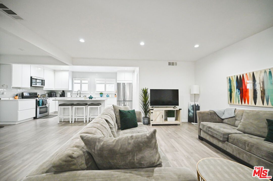 Interior, Kitchen, Living room, Recessed Lighting, Stainless Steel Appliances, Wood Texture Flooring