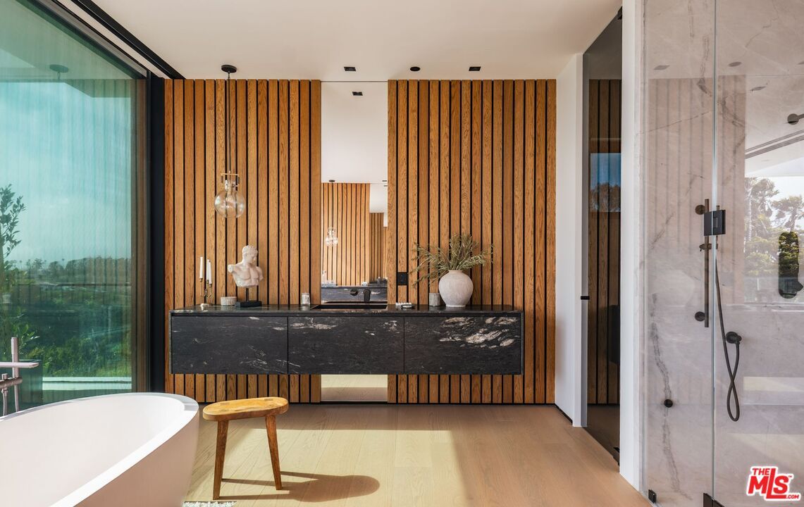 Bathroom, Free Standing Baths, Glass Shower, Interior, Recessed Lighting, Wood Texture Flooring