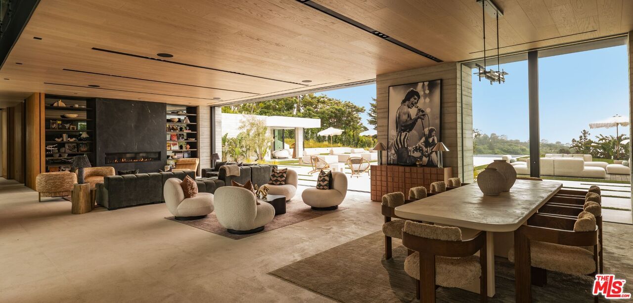 Dining room, Fireplace, Interior, Living room, Pendant Lights, Recessed Lighting, Wooden Ceilings