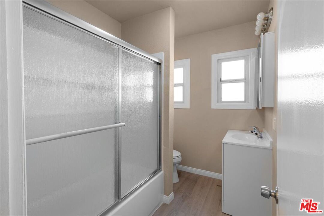 Bathroom, Glass Shower, Interior, Wood Texture Flooring