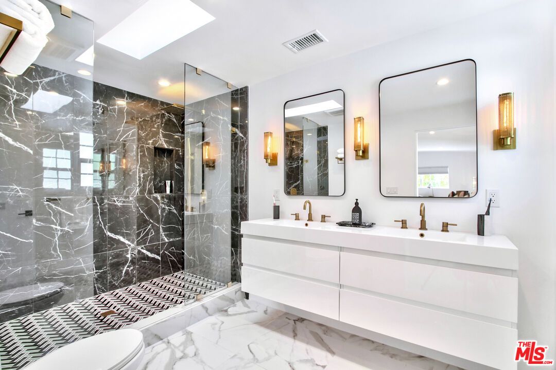 Bathroom, Dual Sink Vanities, Glass Shower, Interior, Marble, Marble Walls, Recessed Lighting