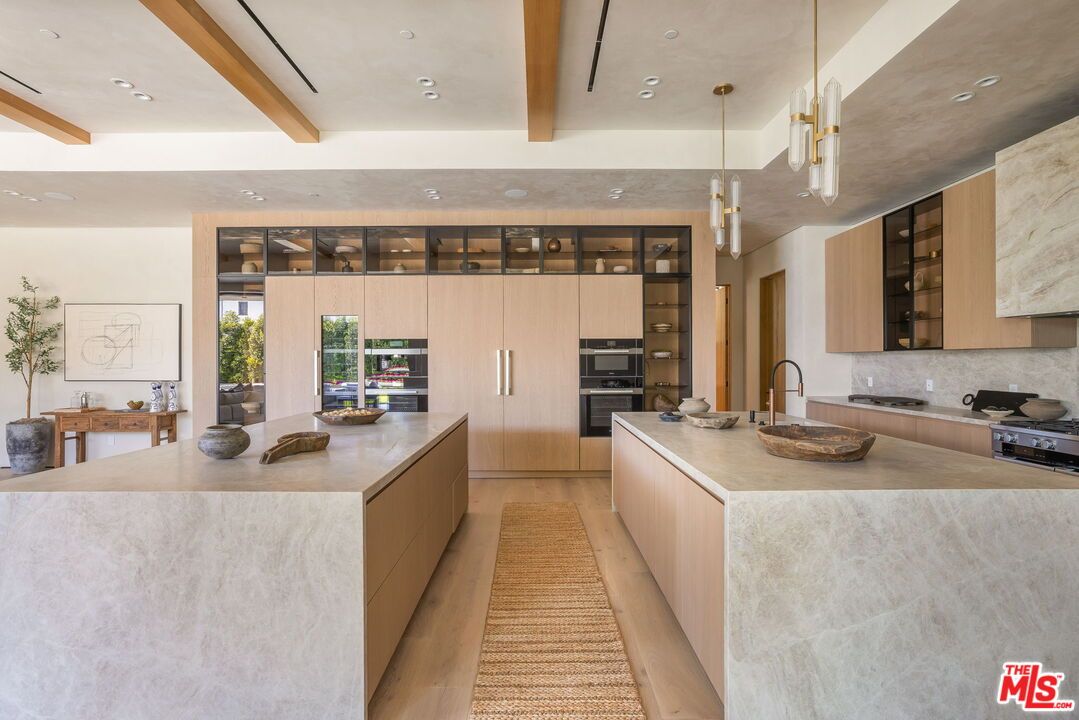 Interior, Kitchen, Pendant Lights, Recessed Lighting, Stainless Steel Appliances, Wooden Beams, Wood Texture Flooring