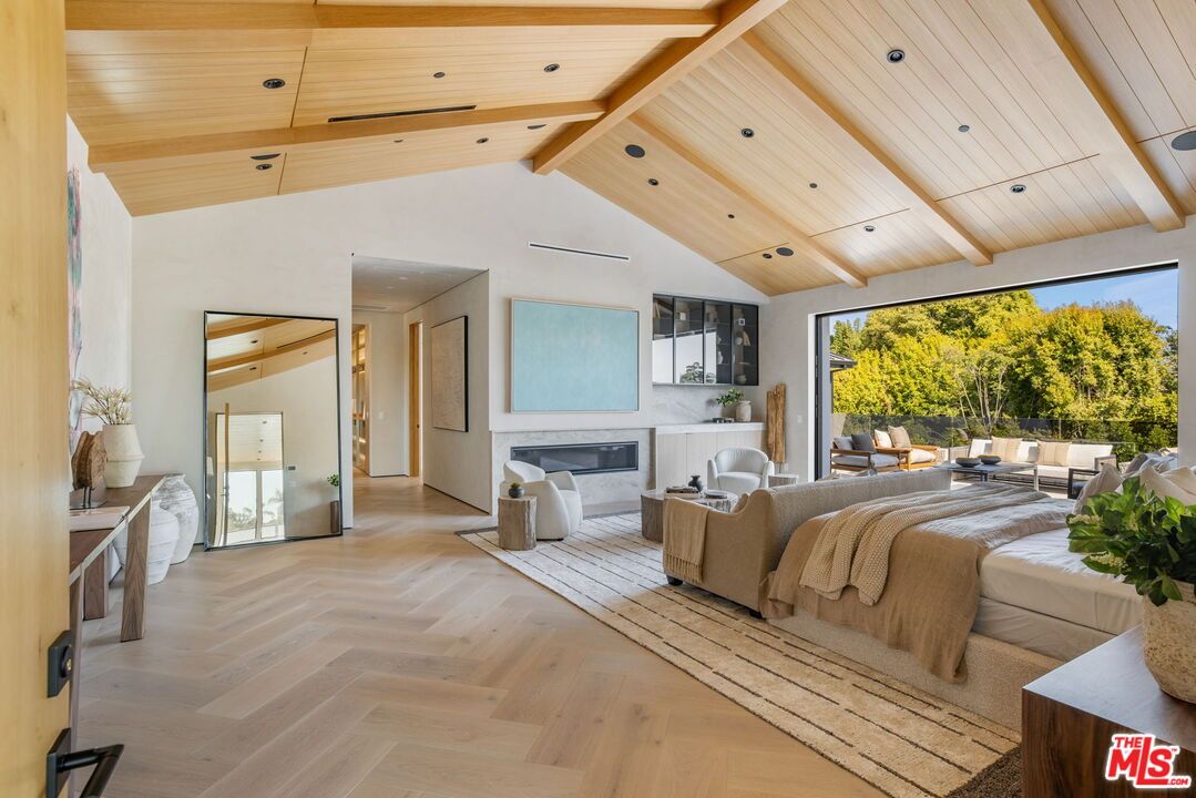 Bedroom, Fireplace, Interior, Recessed Lighting, Wooden Ceilings, Wood Texture Flooring