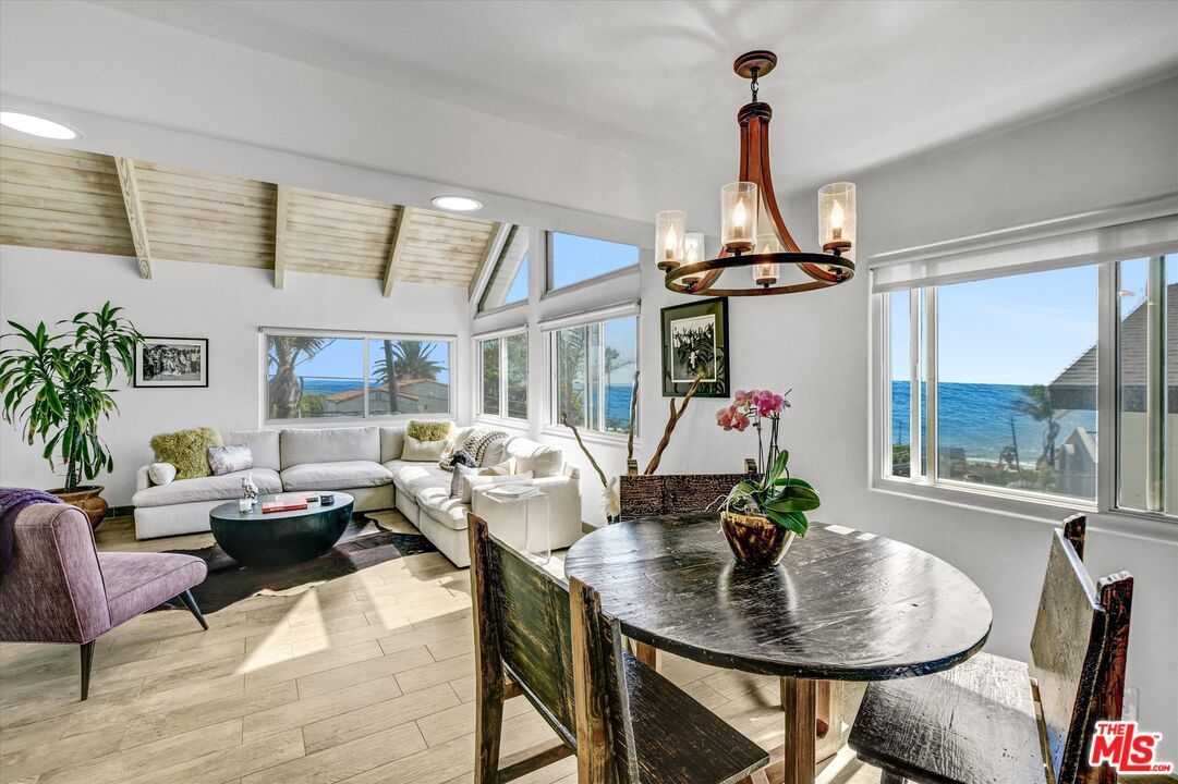 Dining room, Interior, Living room, Recessed Lighting, Water, Wooden Ceilings, Wood Texture Flooring