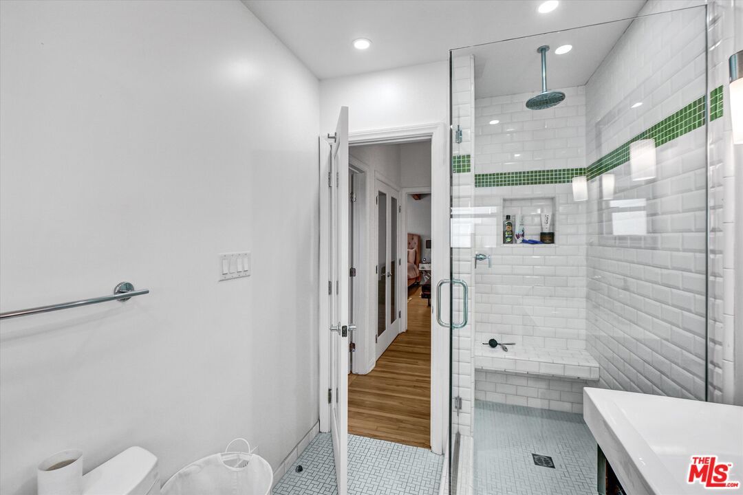 Bathroom, Glass Shower, Interior, Recessed Lighting, Wood Texture Flooring