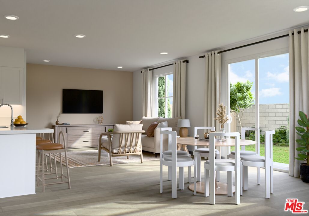 Dining room, Interior, Living room, Recessed Lighting, Wood Texture Flooring