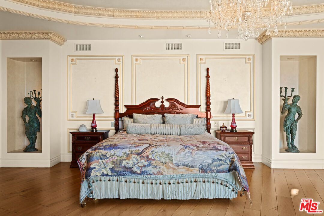 Bedroom, Chandelier, Interior, Wood Texture Flooring