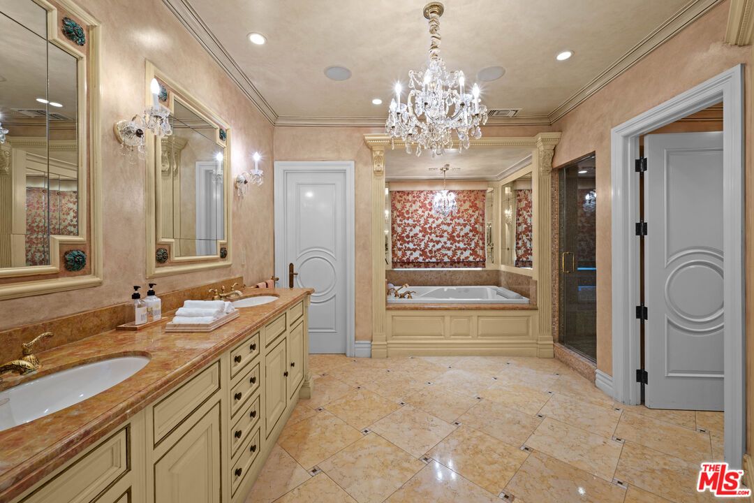 Bathroom, Chandelier, Dual Sink Vanities, Glass Shower, Interior, Recessed Lighting
