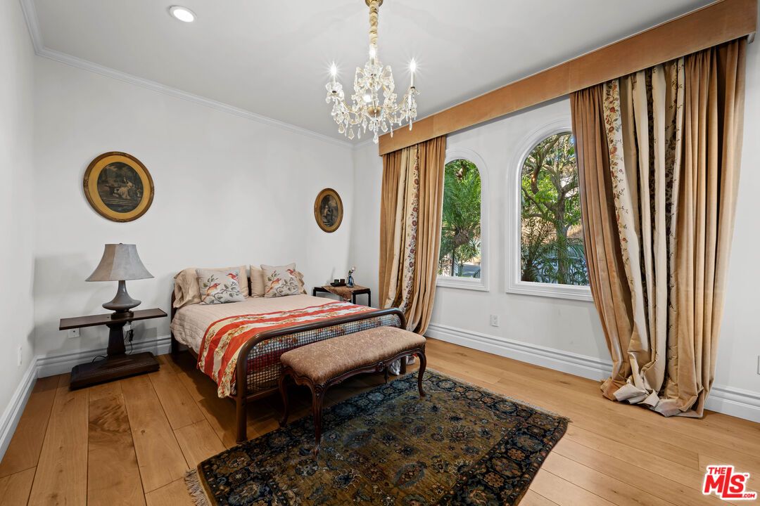 Bedroom, Chandelier, Interior, Recessed Lighting, Wood Texture Flooring