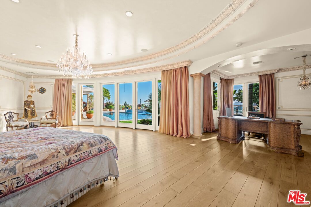 Bedroom, Chandelier, Home Office, Interior, Recessed Lighting, Water, Wood Texture Flooring