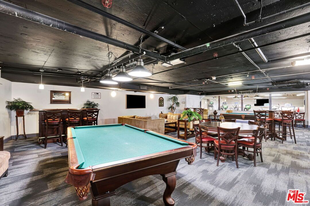Billiard Table, Dining room, Game Room, Interior, Pendant Lights, Wood Texture Flooring