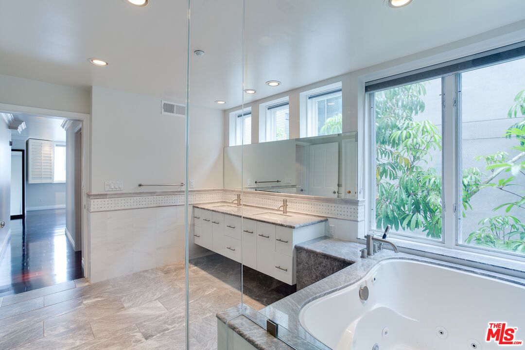 Bathroom, Dual Sink Vanities, Interior, Recessed Lighting, Wood Texture Flooring