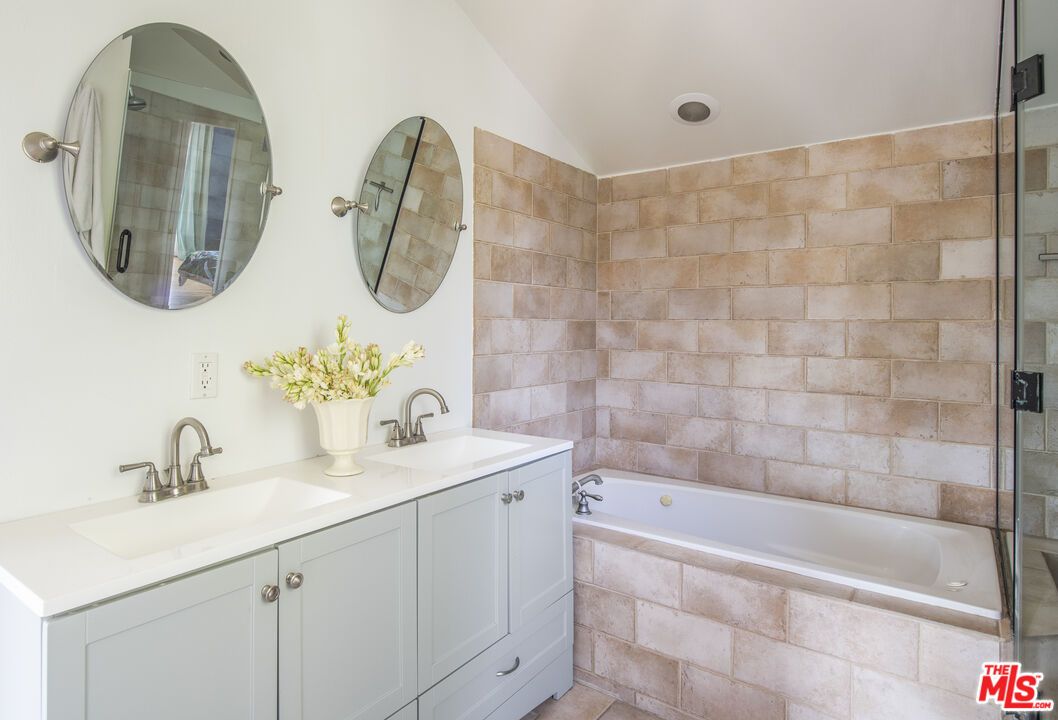 Bathroom, Dual Sink Vanities, Glass Shower, Interior, Stone Walls