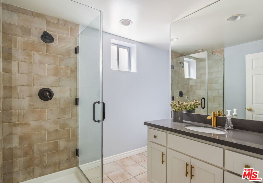 Bathroom, Glass Shower, Interior, Recessed Lighting, Stone Walls