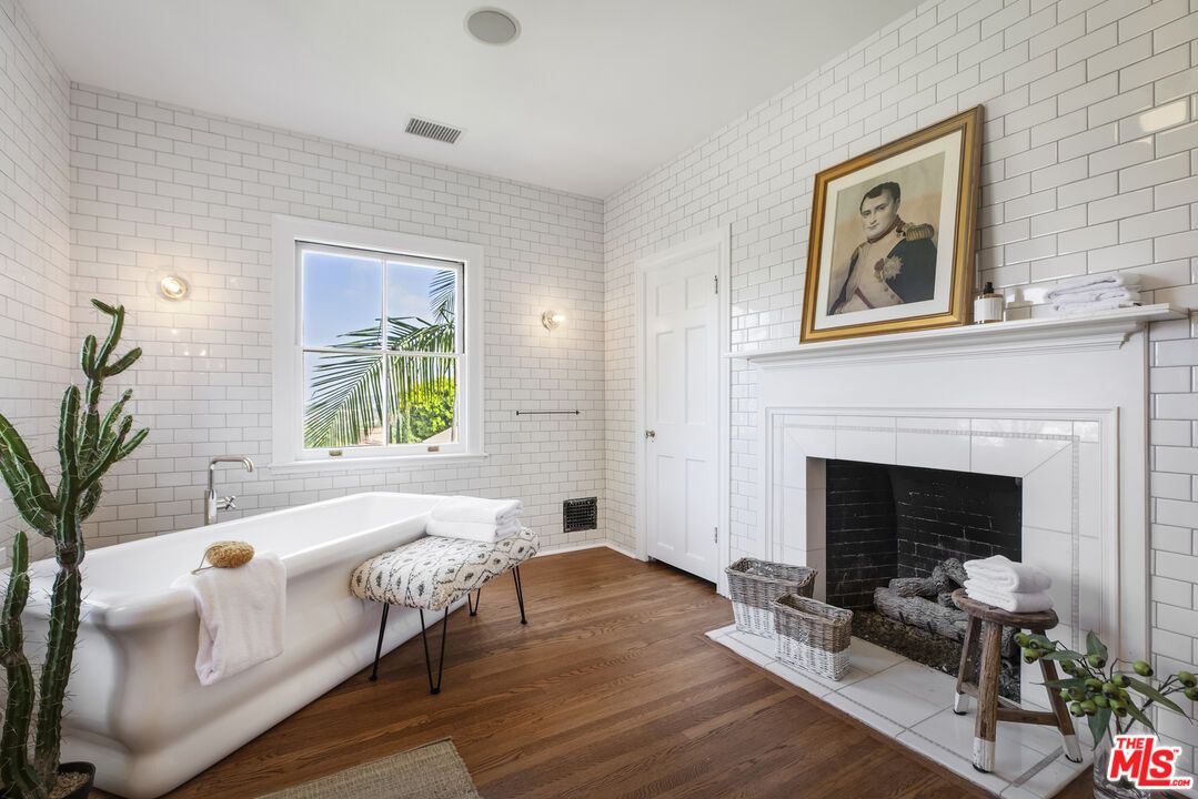 Bathroom, Fireplace, Interior, Stone Walls, Wood Texture Flooring