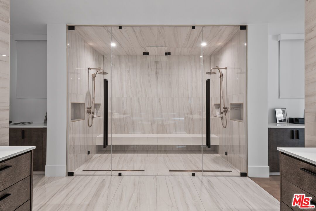 Bathroom, Glass Shower, Interior, Marble, Marble Walls, Recessed Lighting