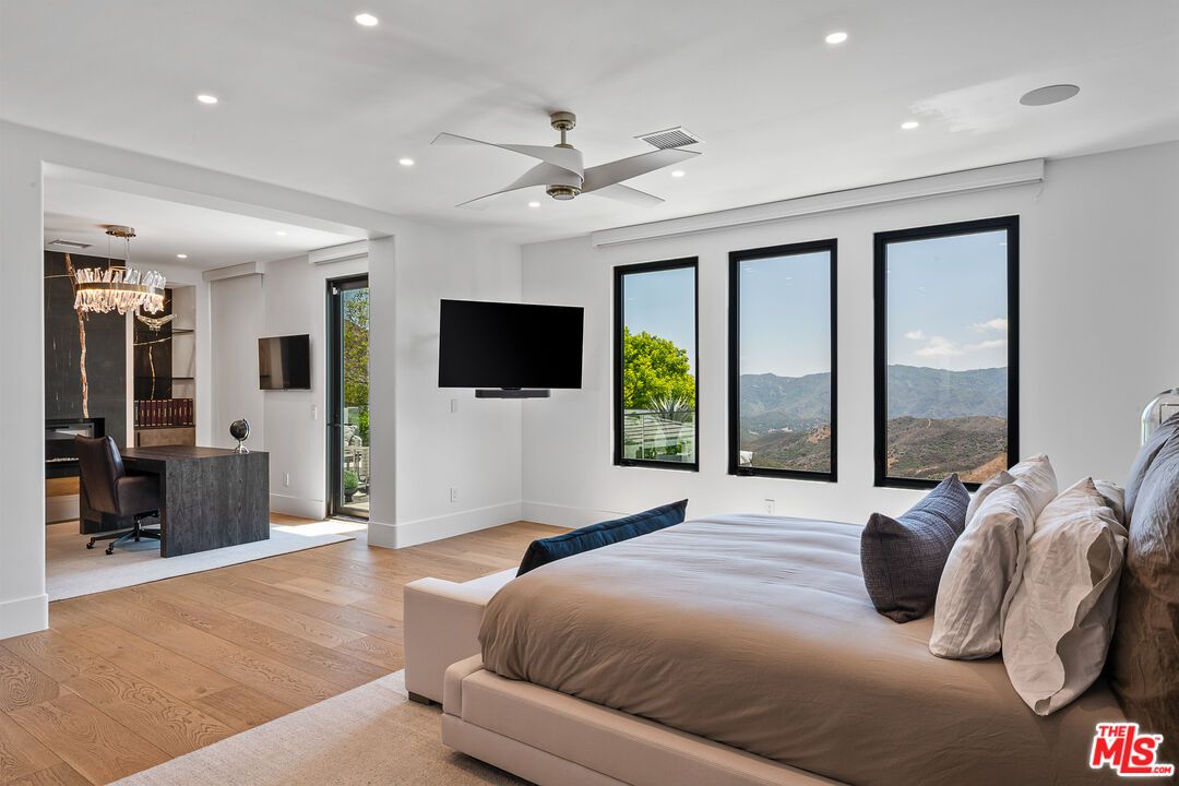 Bedroom, Chandelier, Interior, Recessed Lighting, Wood Texture Flooring