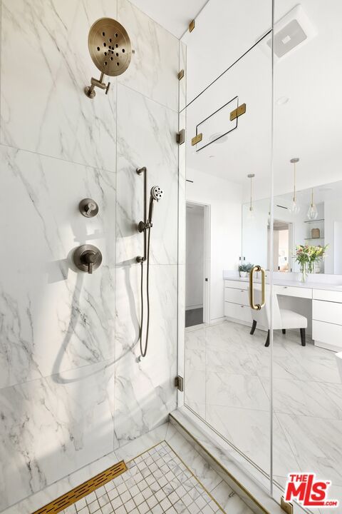 Bathroom, Glass Shower, Interior, Marble, Marble Walls, Pendant Lights