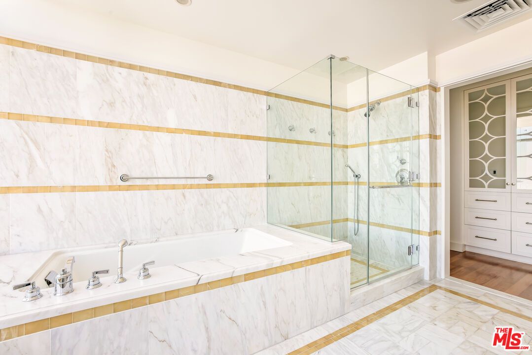 Bathroom, Glass Shower, Interior, Marble, Marble Walls, Wood Texture Flooring