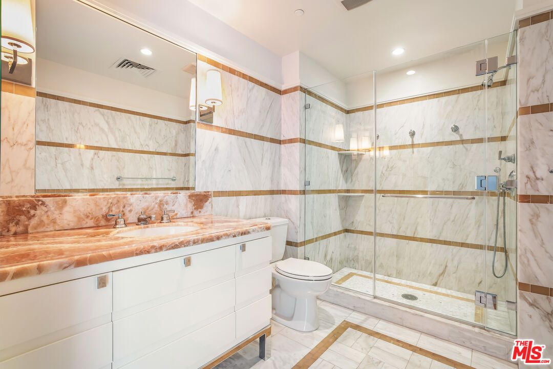 Bathroom, Glass Shower, Interior, Marble Walls, Recessed Lighting