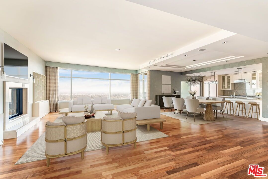 Dining room, Fireplace, Interior, Kitchen, Living room, Pendant Lights, Recessed Lighting, Wood Texture Flooring