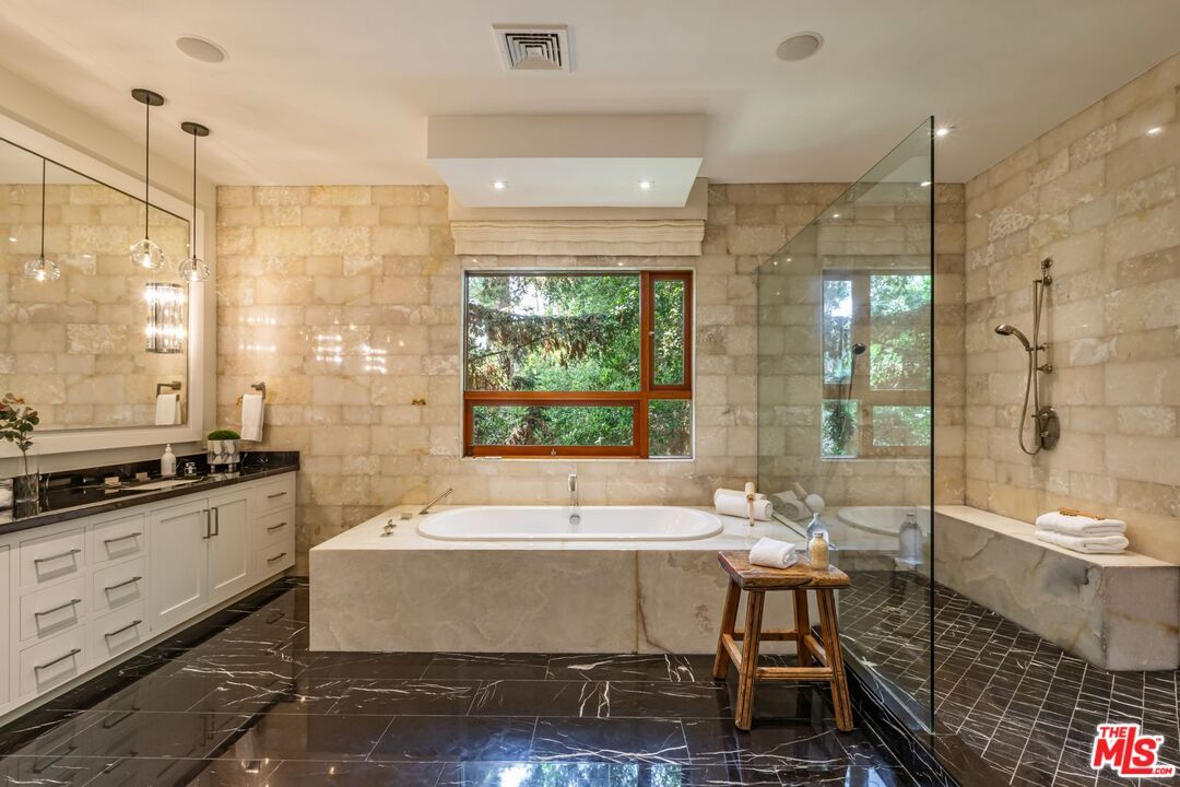 Bathroom, Glass Shower, Interior, Marble, Pendant Lights, Recessed Lighting, Stone Walls