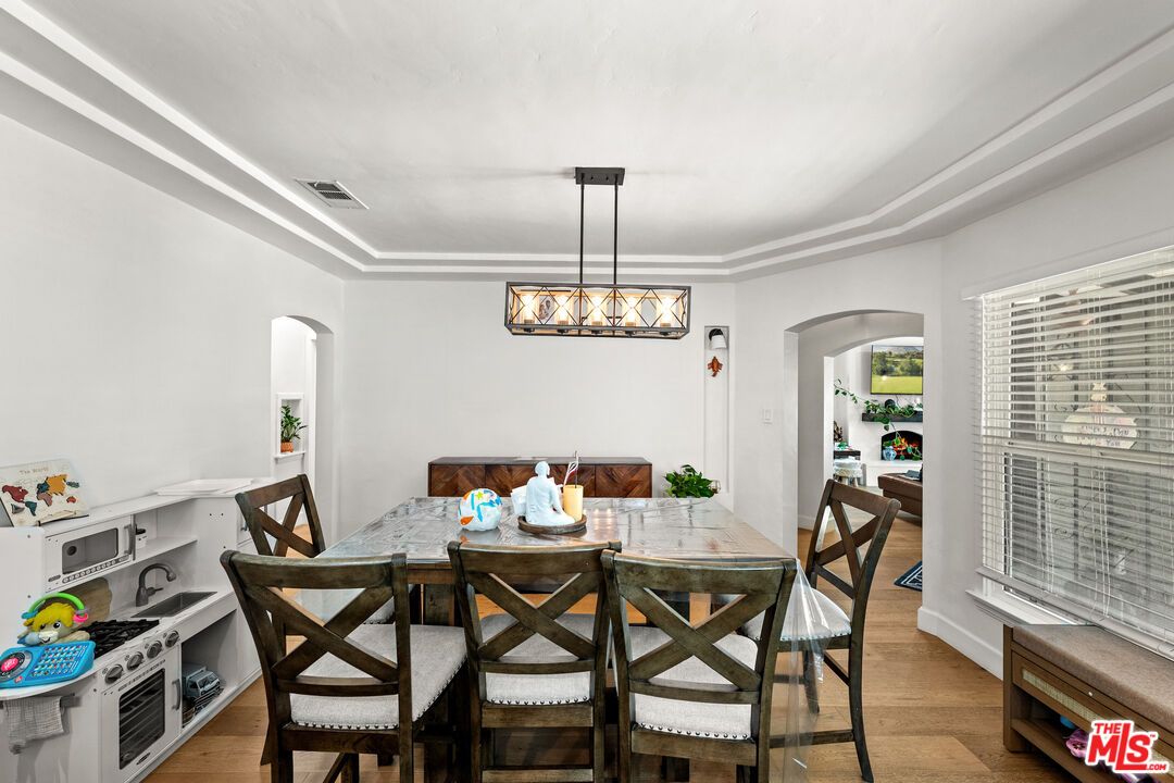 Dining room, Interior, Pendant Lights, Wood Texture Flooring