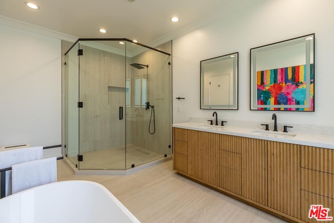 Bathroom, Dual Sink Vanities, Free Standing Baths, Glass Shower, Interior, Recessed Lighting, Wood Texture Flooring
