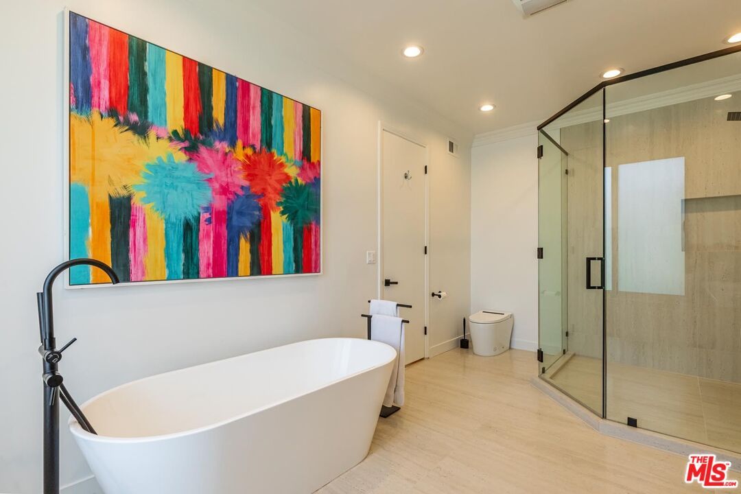 Bathroom, Free Standing Baths, Glass Shower, Interior, Recessed Lighting, Wood Texture Flooring