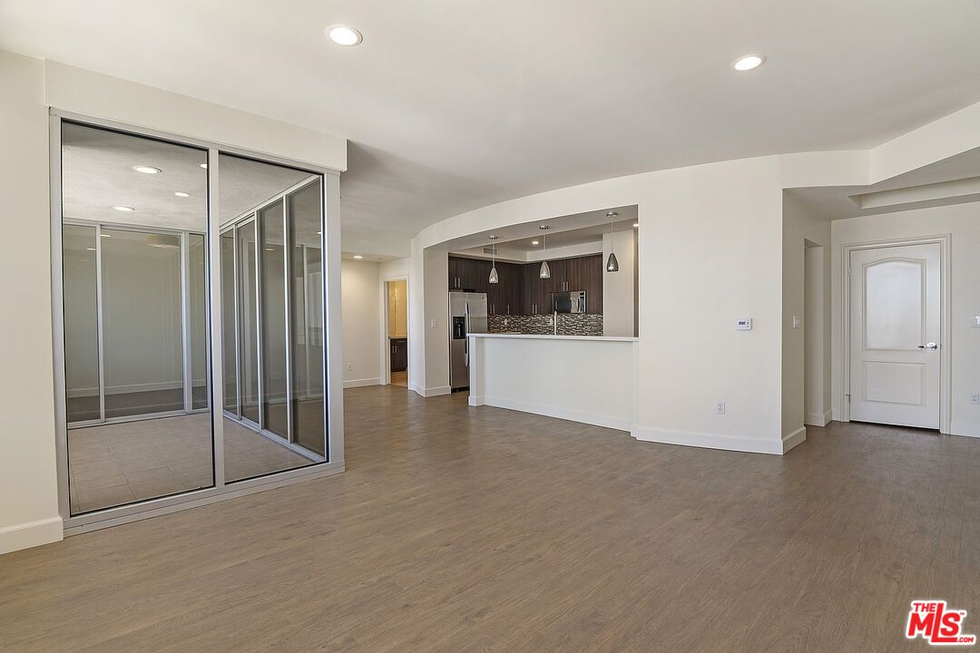 Empty room, Interior, Kitchen, Recessed Lighting, Wood Texture Flooring