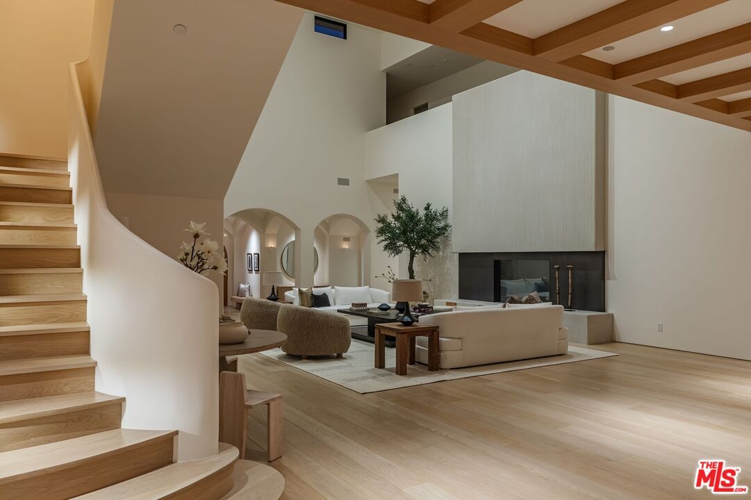 Fireplace, Interior, Living room, Recessed Lighting, Wooden Beams, Wood Texture Flooring